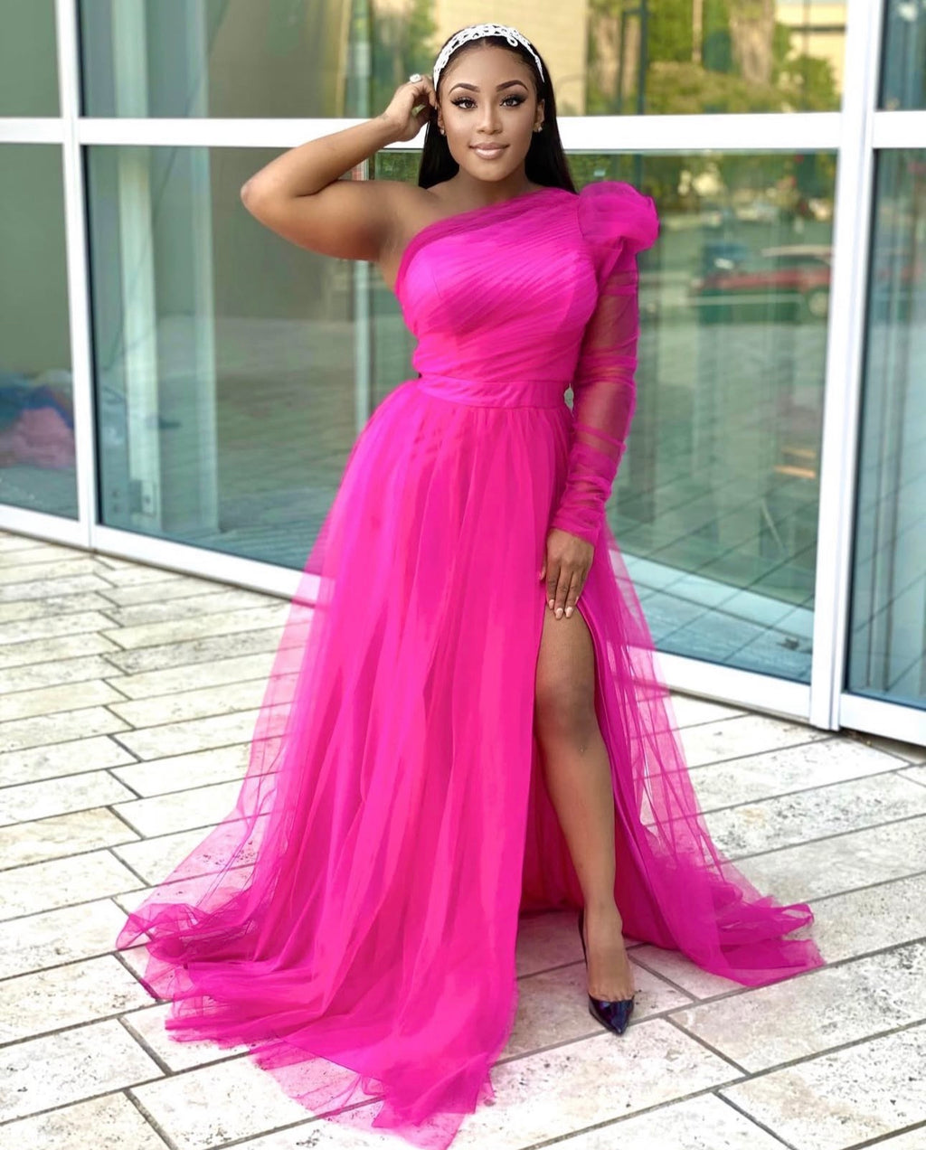 SHE’S ICONIC ONE SLEEVE DRESS - FUCHSIA