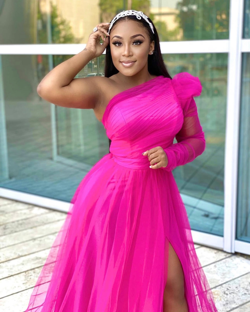 SHE’S ICONIC ONE SLEEVE DRESS - FUCHSIA